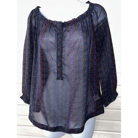 AMERICAN EAGLE Sz MEDIUM Poly Chiffon Peasant Blouse Tunic Blue Pink EUC - Picture 1 of 10